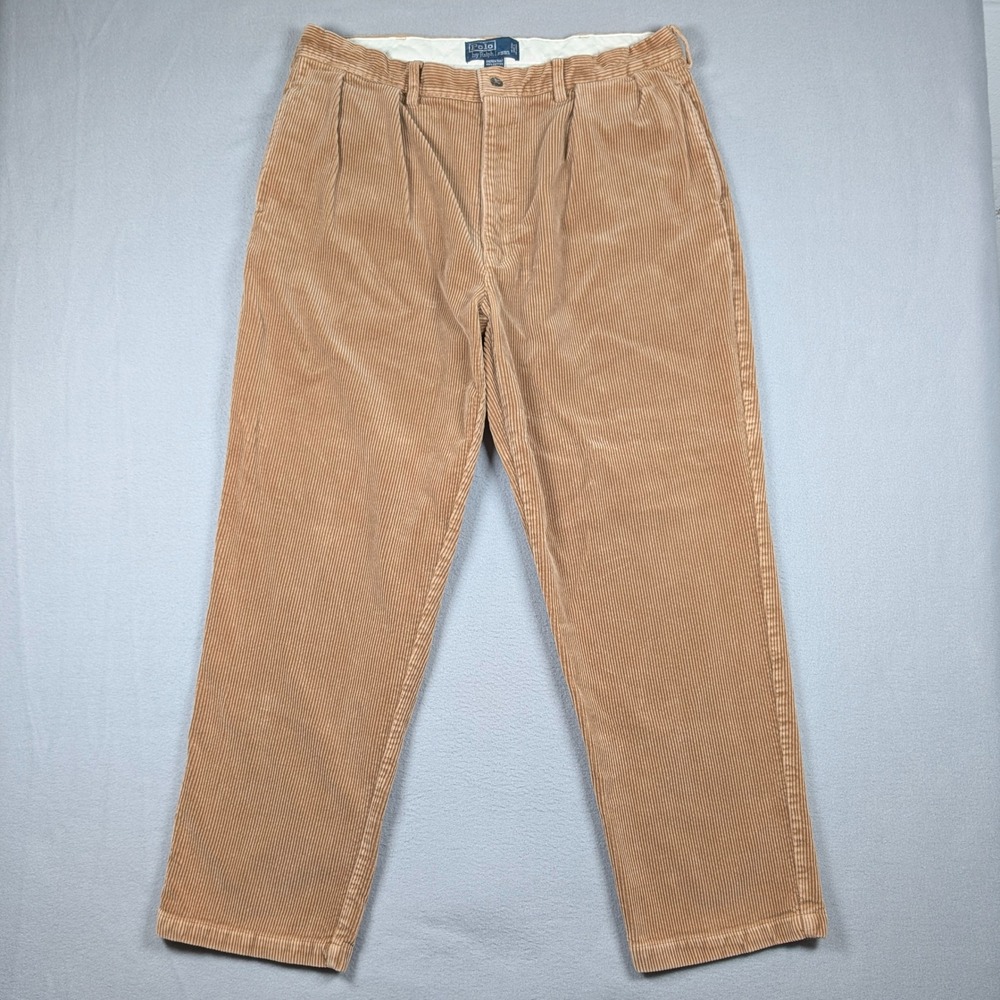 Vintage Polo Ralph Lauren Andrew Pants Men 38x32 Tan Corduroy Pleated Trousers